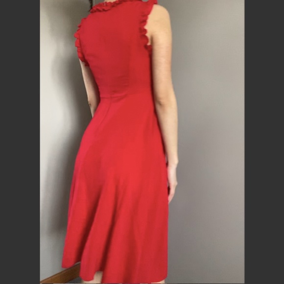 Red Ruffle Trim Sleeveless Fit and Flare Dress - Picture 3 of 6